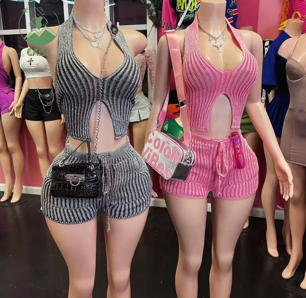 set knit striped short set